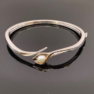 Alwand Vahan Calla Lily Pearl Diamond 925 14K Gold Hinged Bangle Bracelet #787